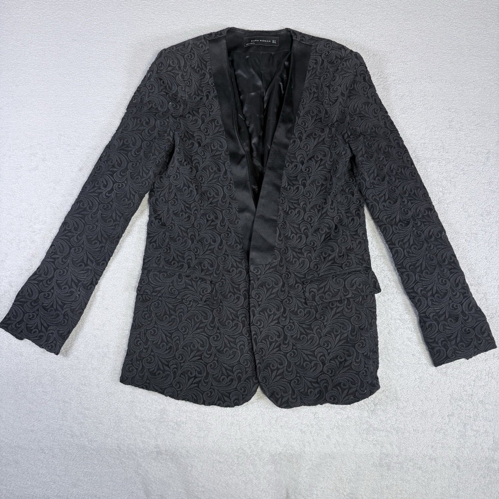 Zara Womens Black Floral Lace Double Breasted Blazer Jacket Size Medium